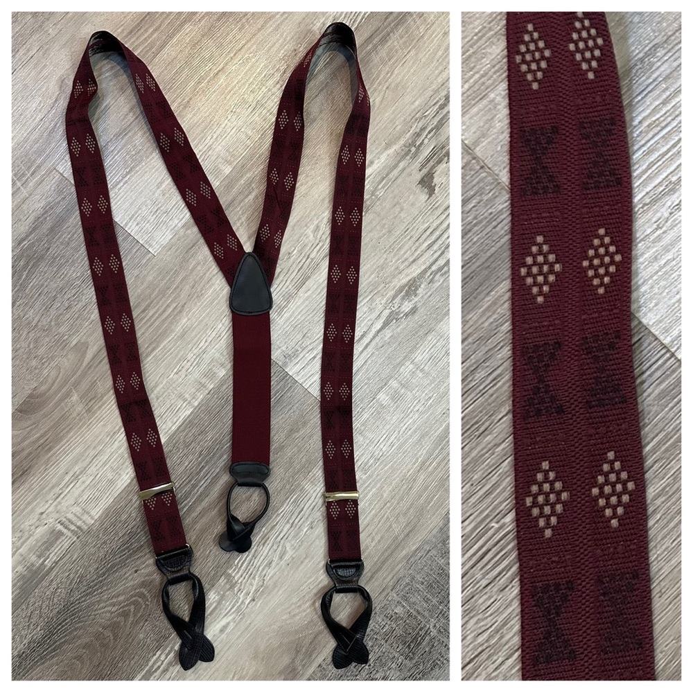 TRAFALGAR Suspenders‎ Braces Leather Burgundy Abstract Diamond Office Work
